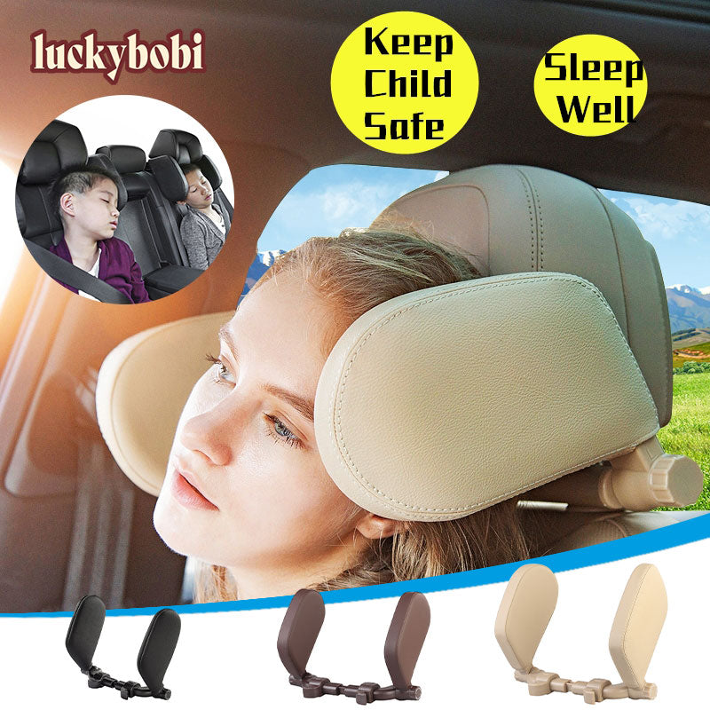 Adjustable car headrest cushion for car with memory foam neck pillow support for adults and children during travel.